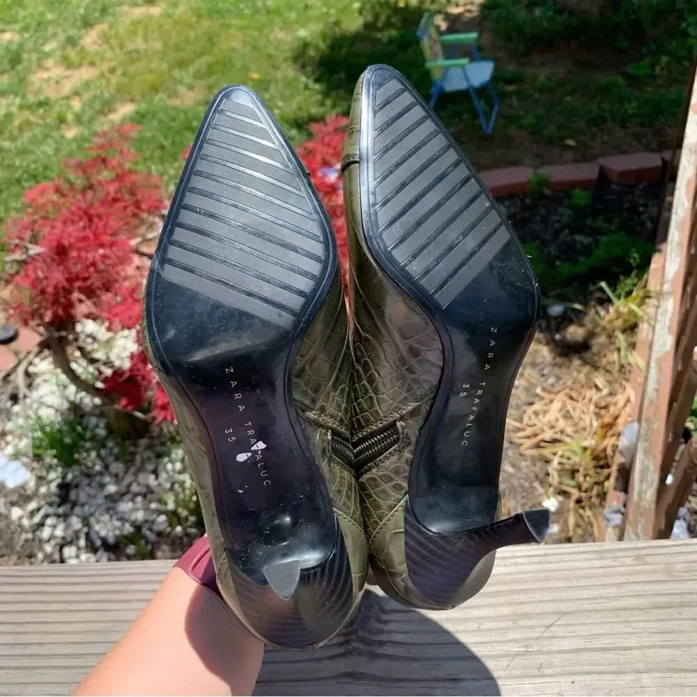 Zara Green Faux Leather Python Snake Print Heeled Booties